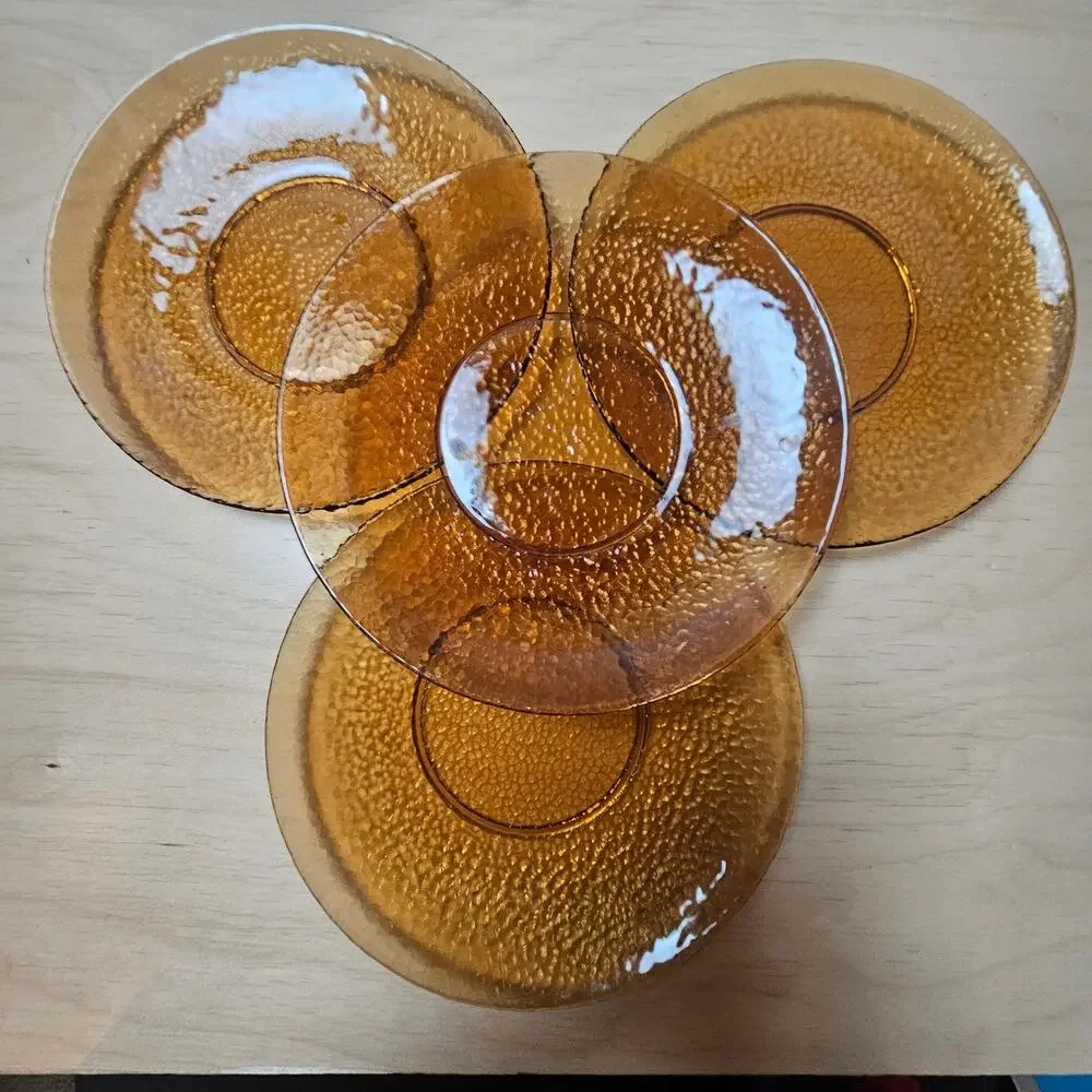 Set of 4 Vintage Amber Glass Salad Plates MCM Pebbled Textured Lunch 8.25